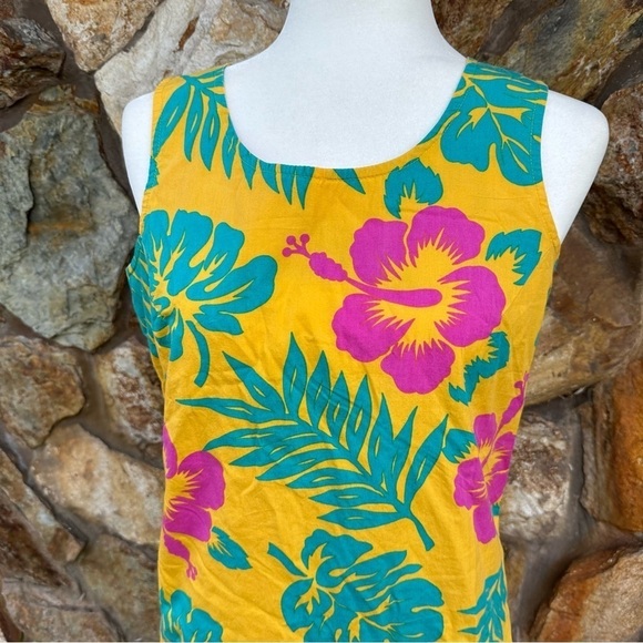 Vintage Blue Water Yellow Floral Dress Tropical Sleeveless Beach Vacation Mini S - Picture 7 of 15